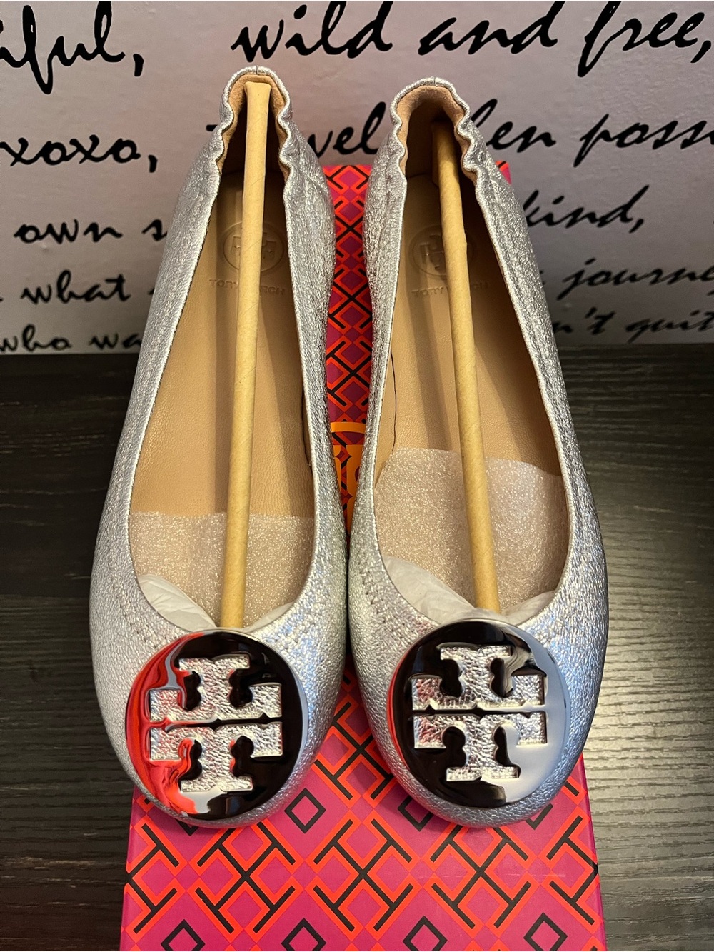 Tory Burch Metallic Silver Logo Ballet Flats